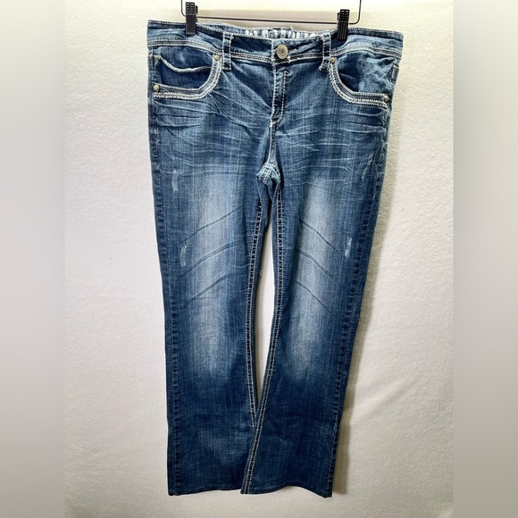 Hydraulic Bootcut Jeans Womens 13/14 Wide Stitch Embroidered Blue Denim 2226 - Picture 1 of 10